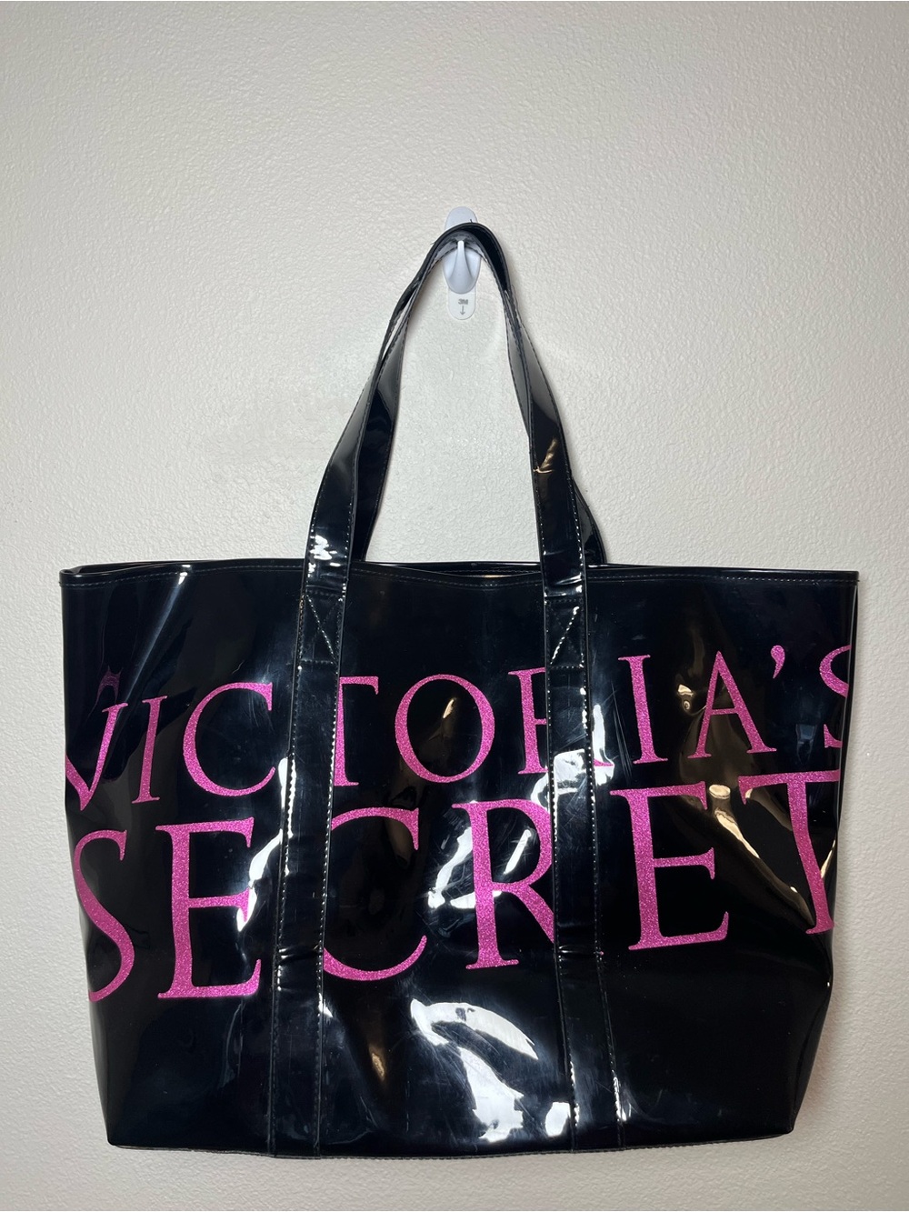 Victoria's Secret Vintage Y2K Black Patent Tote with Pink Glitter Logo